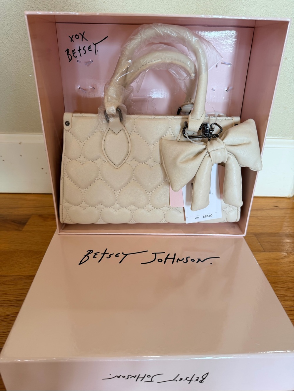 Betsey Johnson Cream Quilted Heart Satchel with Bow Charm Accent